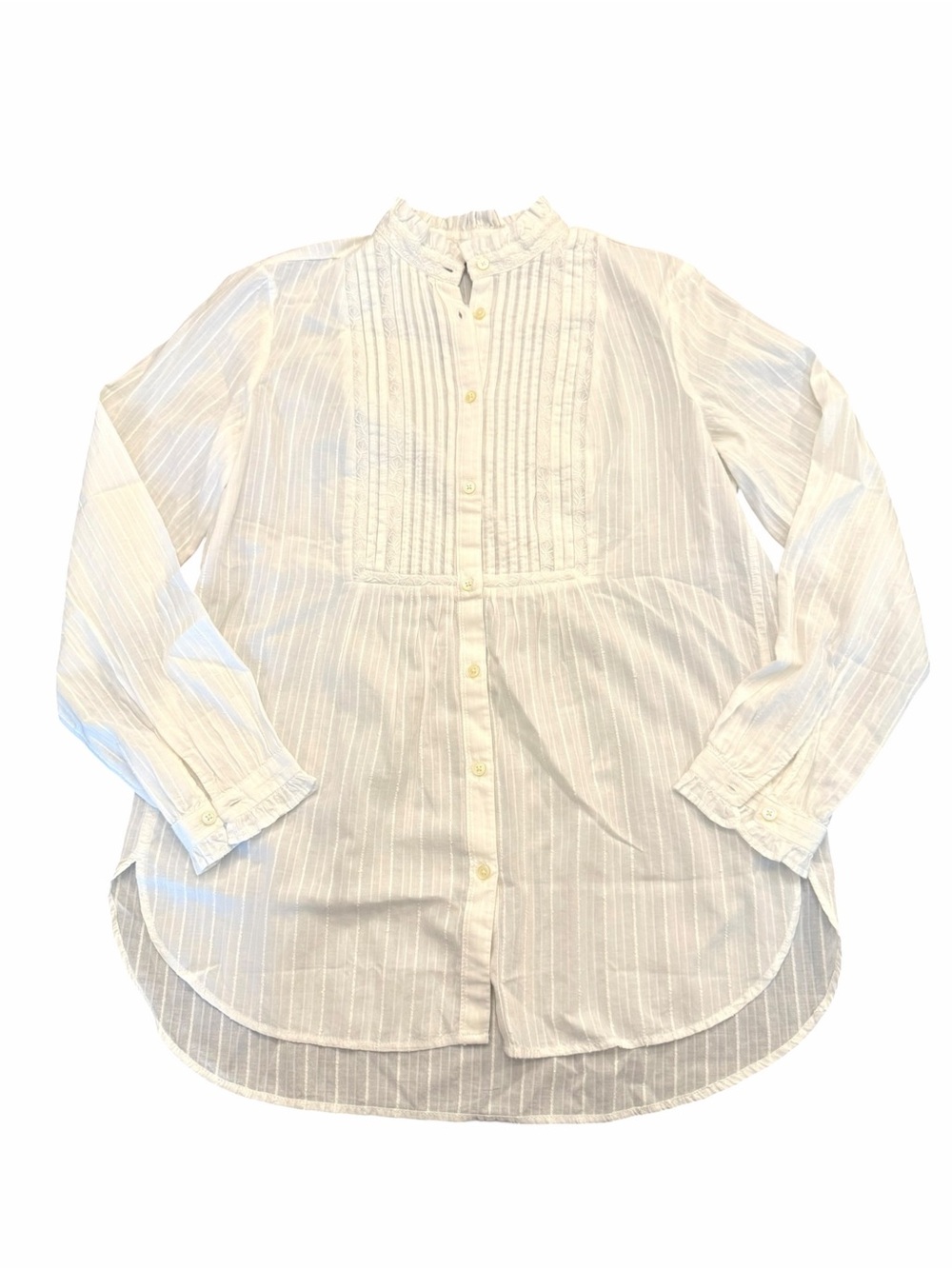 LOFT Shirt Womens White Cotton Button Up Bib Front Ruffled Collar Stripes Small